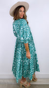 Turquoise Puff Sleeve Printed Midi Dress