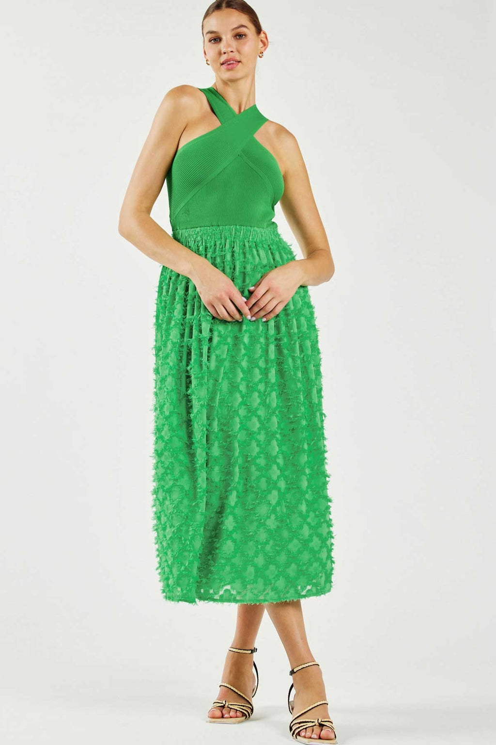 Current Air Apple Green Textured Halter Midi Dress