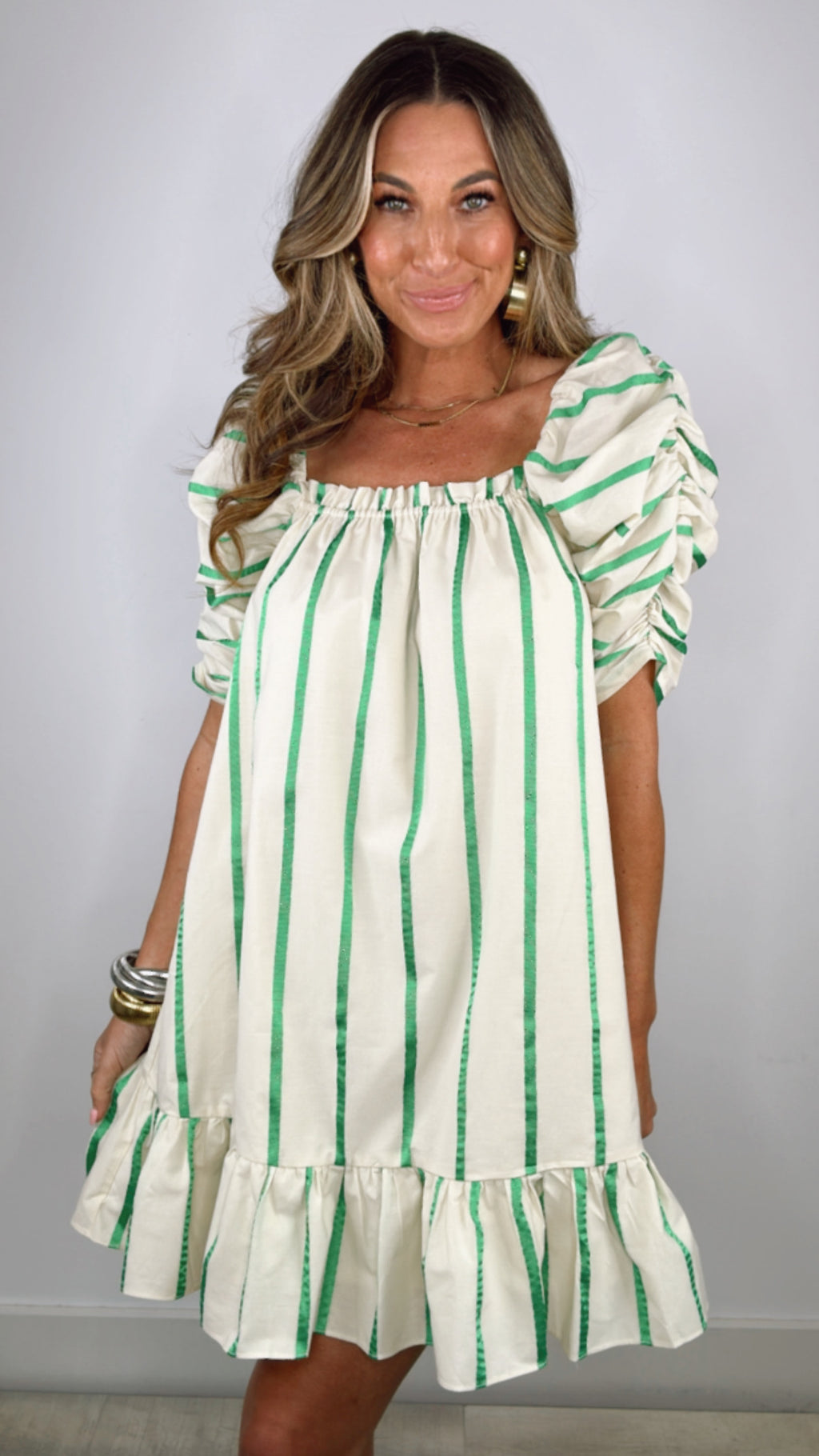 English Factory Beige Green Stripe Babydoll Dress (MEDIUM)