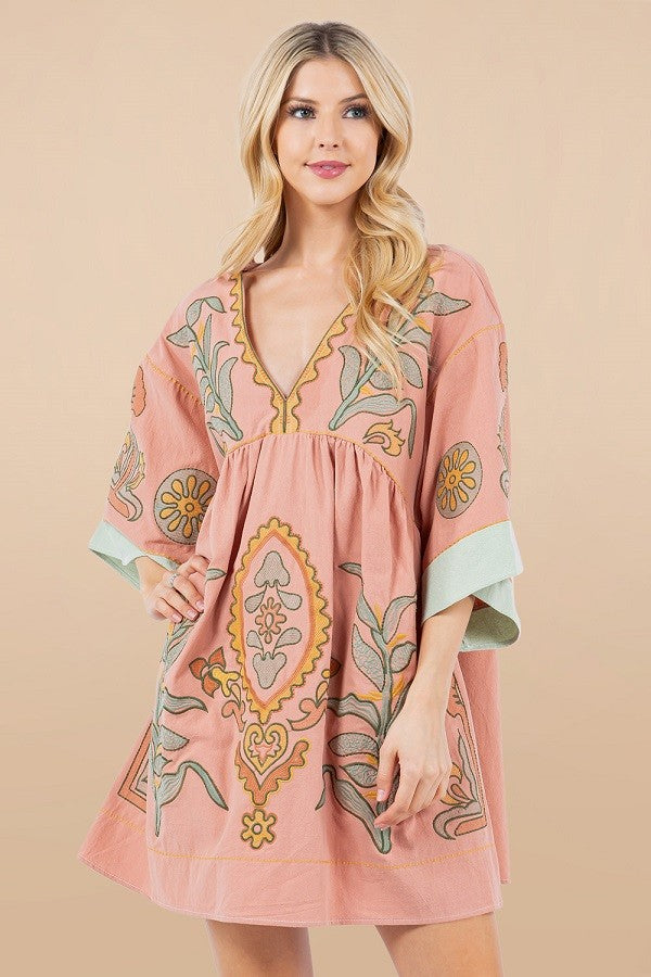Pink Long Sleeve V-Neck Embroidered Dress (LARGE)