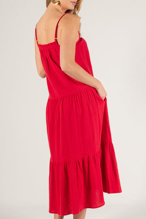 Red Gauze Tiered Midi Dress