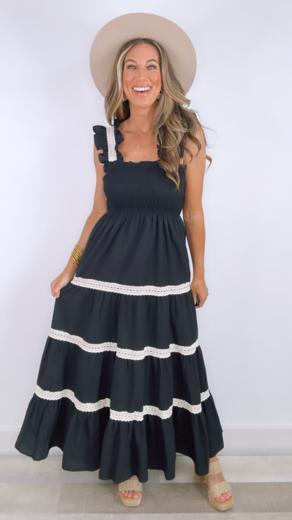 Black Lace Trim Tiered Maxi Dress