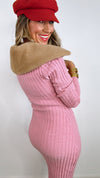 Pink Removable Fur Collar and Flower Sweater Dress