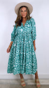 Turquoise Puff Sleeve Printed Midi Dress