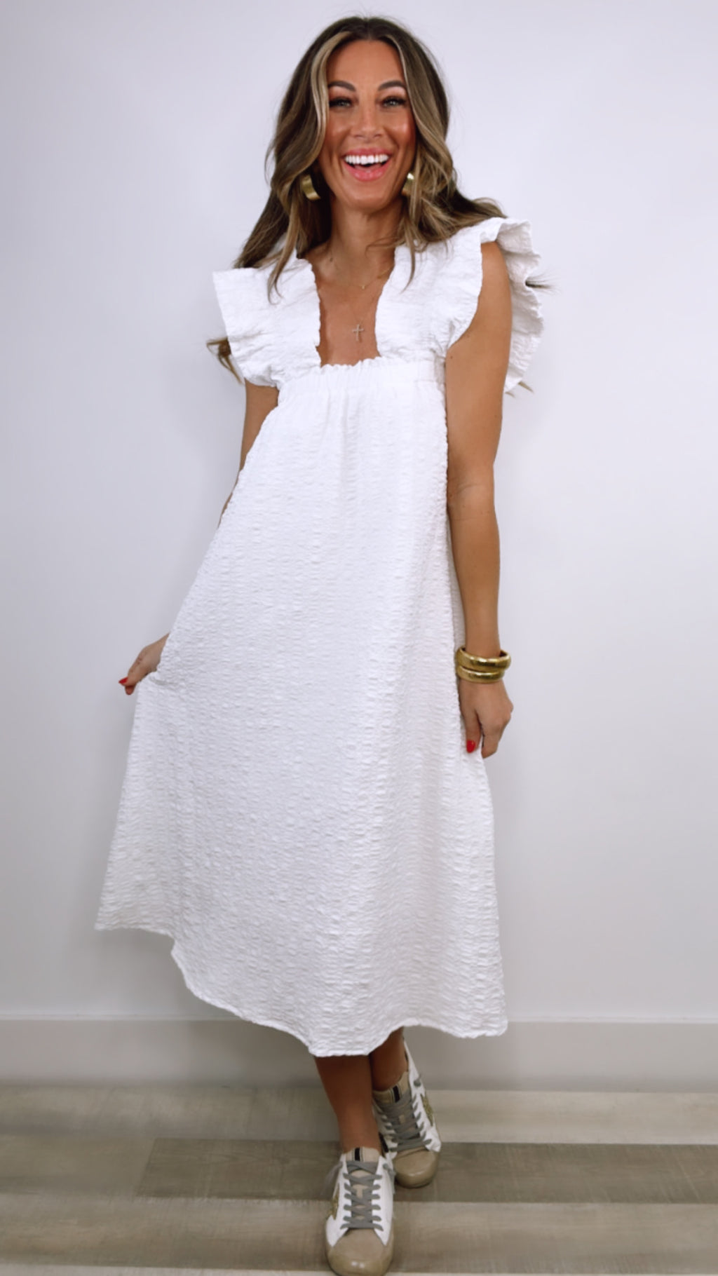 THML White Textured Midi Dress (MEDIUM)
