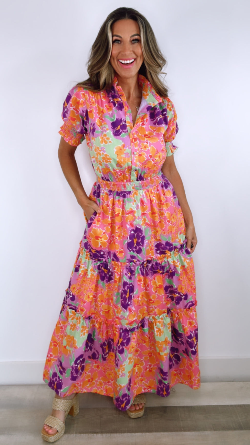 Karlie Floral Garden Smock Waist Tier Maxi Dress (LARGE)