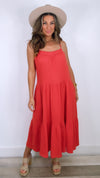 Red Gauze Tiered Midi Dress (XS)