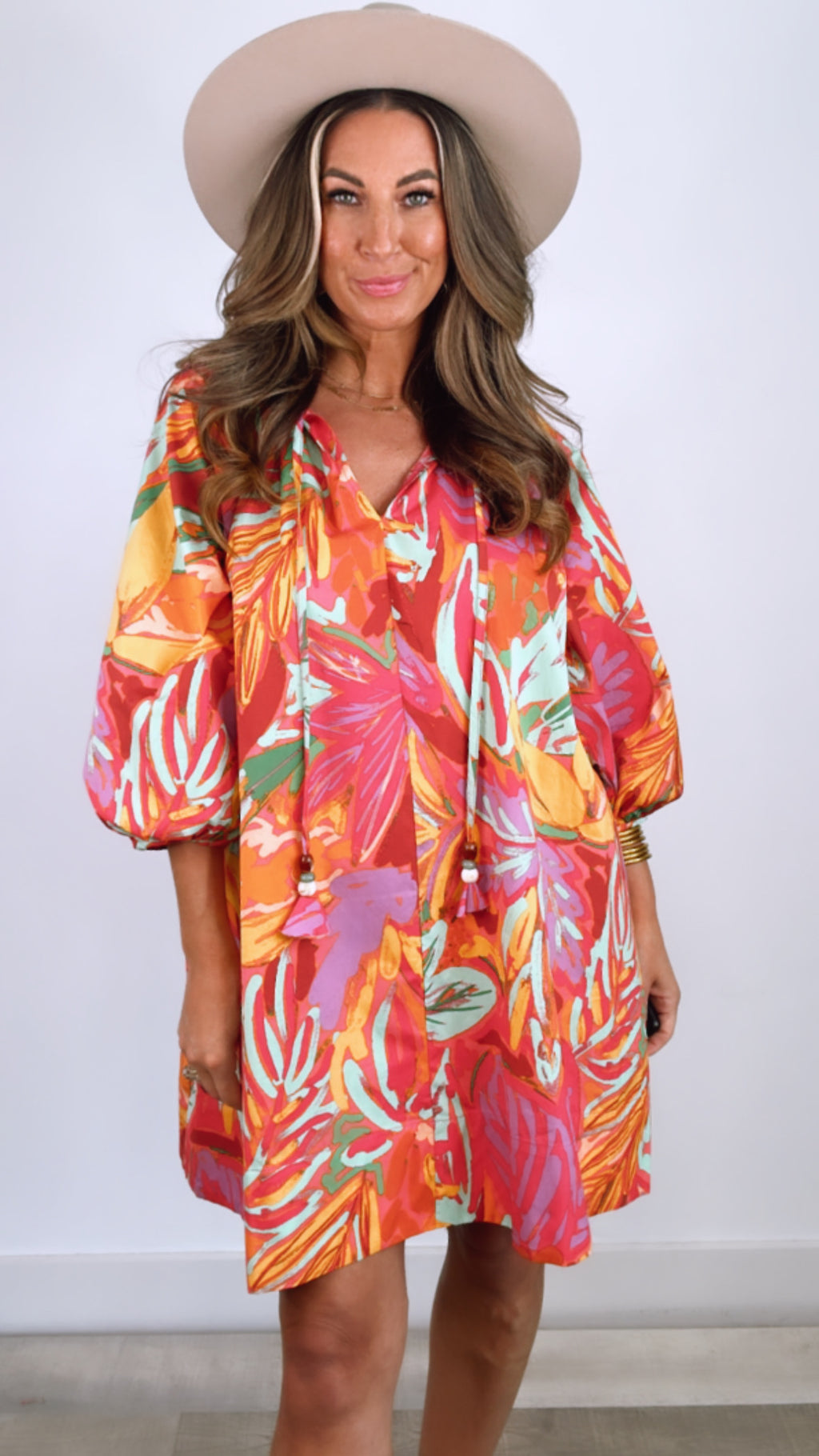 Karlie Abstract Tropical Palm V-Neck Dress