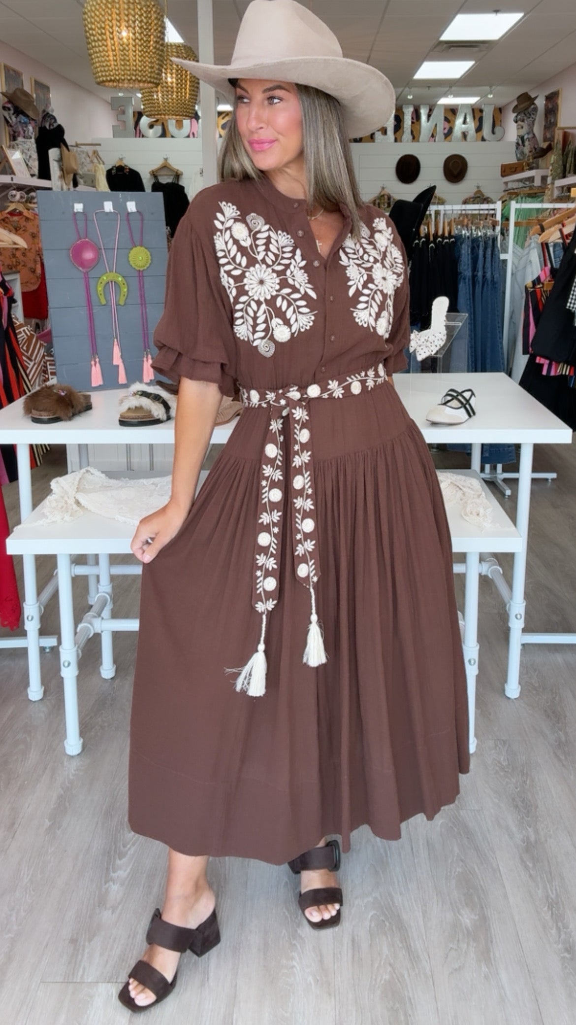 Ivy Jane | Marisa Brown Embroidered Maxi