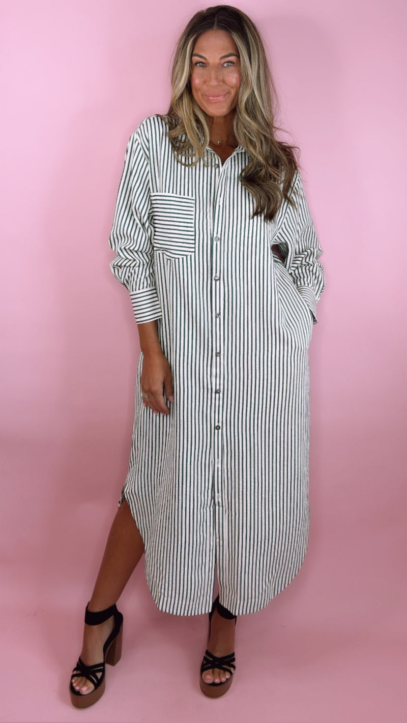 Hunter Green Stripe Button Down Midi Dress