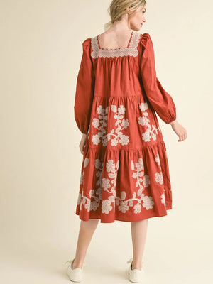 Terracotta Floral Embroidered Tiered Midi Dress