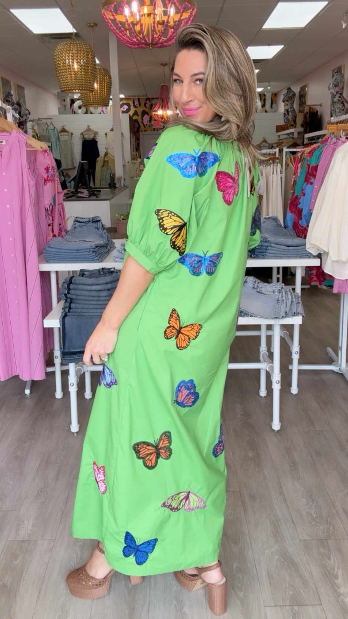 Queen of Sparkles Green Butterfly Button-Up Cotton Maxi