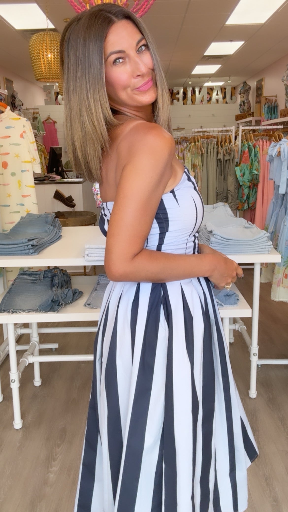 Navy Stripe Pleated Flare Midi Dress