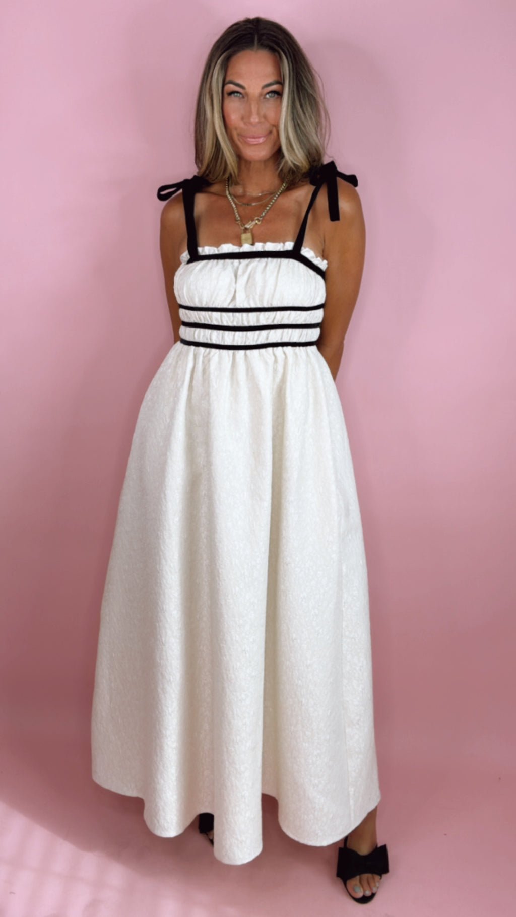 Nora Lee: Metallic Ivory Velvet Trim Annabelle Midi Dress