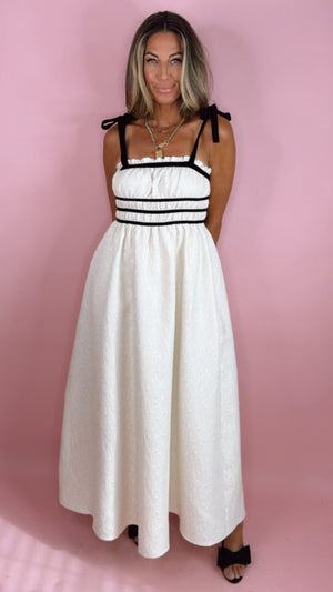 Nora Lee: Metallic Ivory Velvet Trim Annabelle Midi Dress