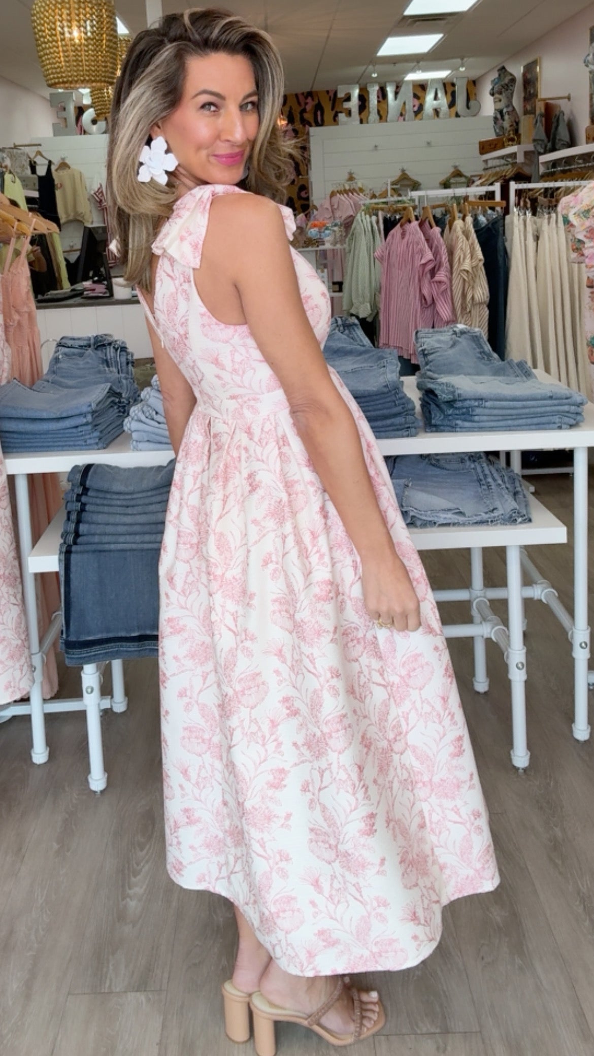 Pink Metallic Flower Bow Shoulder Midi Dress (1 SMALL)