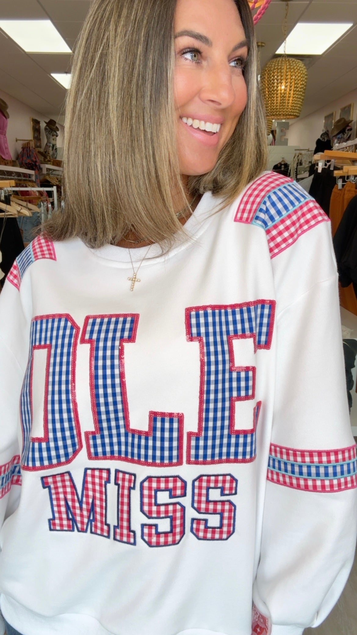 Queen of Sparkles | Ole Miss Gingham Letter Jersey Sweatshirt