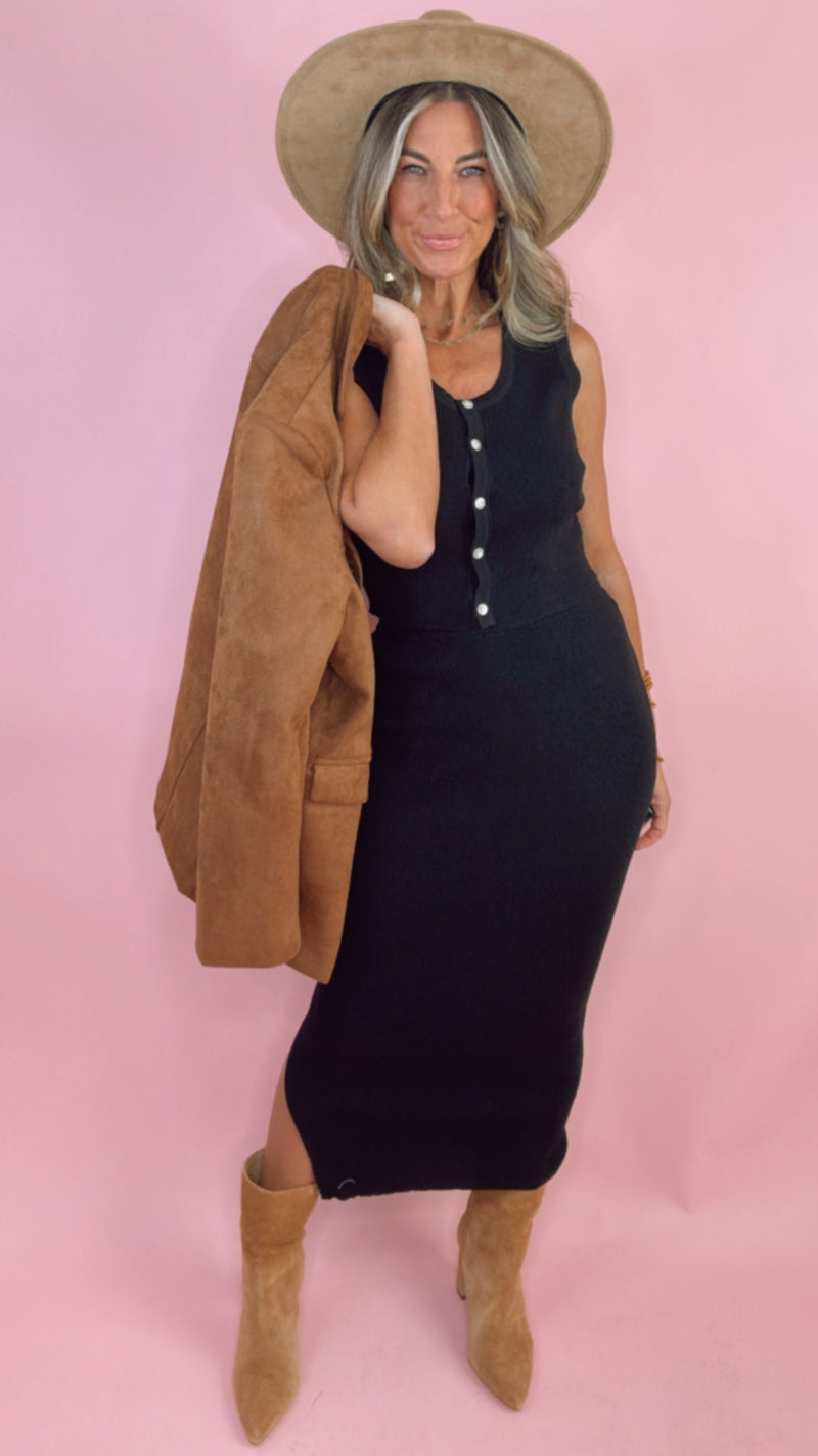 Black Button Down Sleeveless Cropped Top Midi Skirt Set