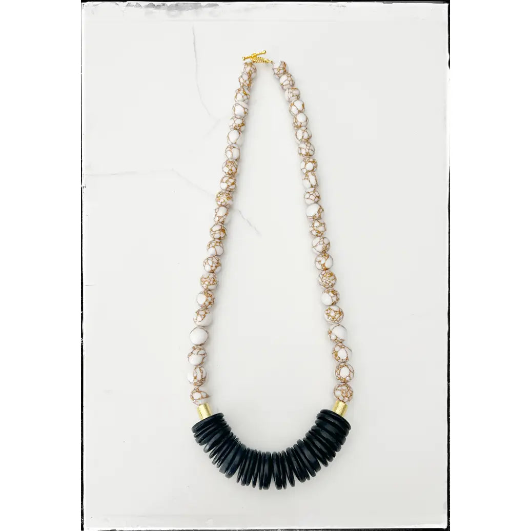 Black Wood & Bead in White Lace Necklace