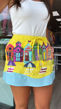 Queen of Sparkles | Aqua Multi Beach Scene Cotton Skort