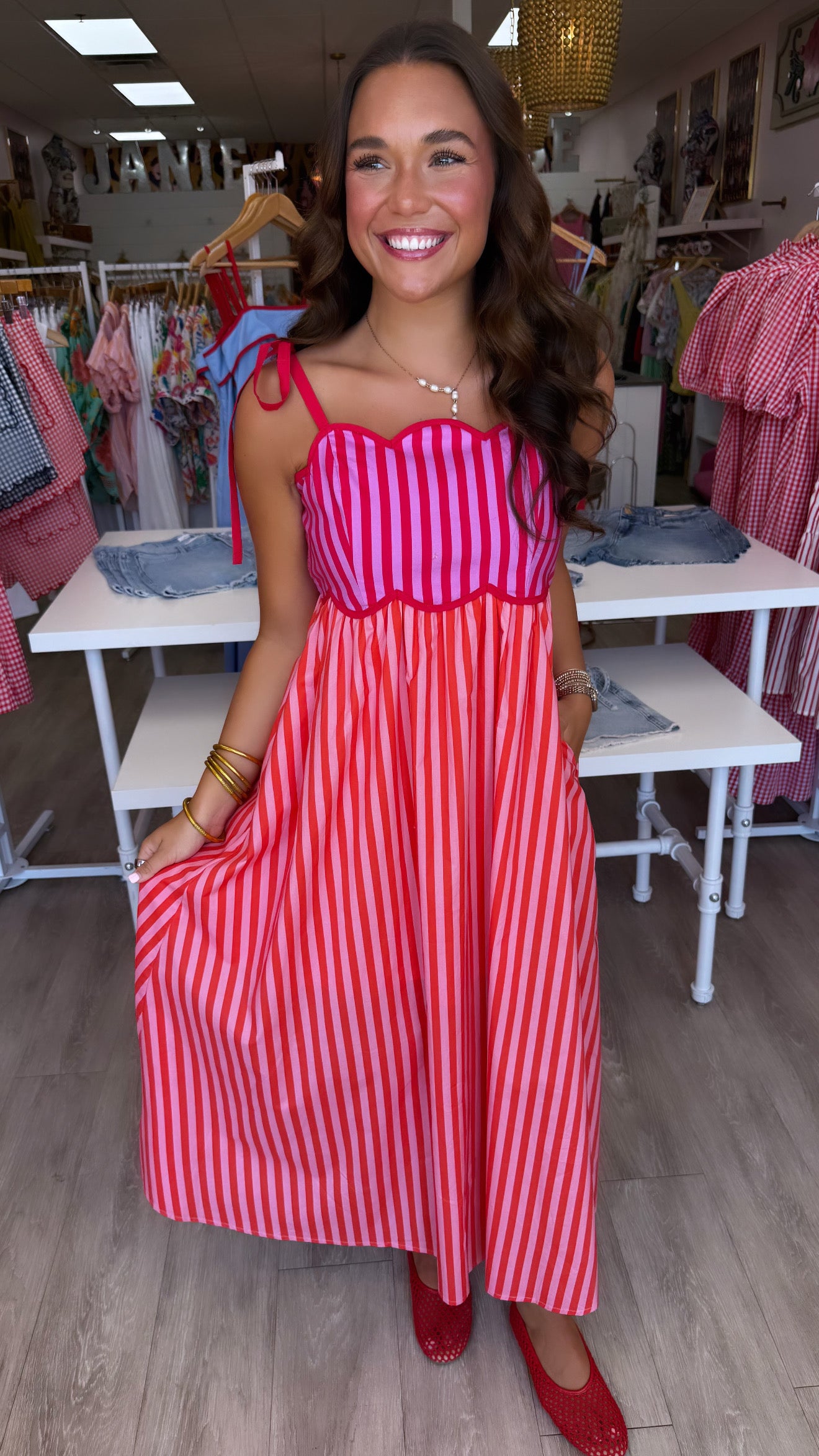 Red Pink Striped Scallop Midi Dress (1 LARGE)