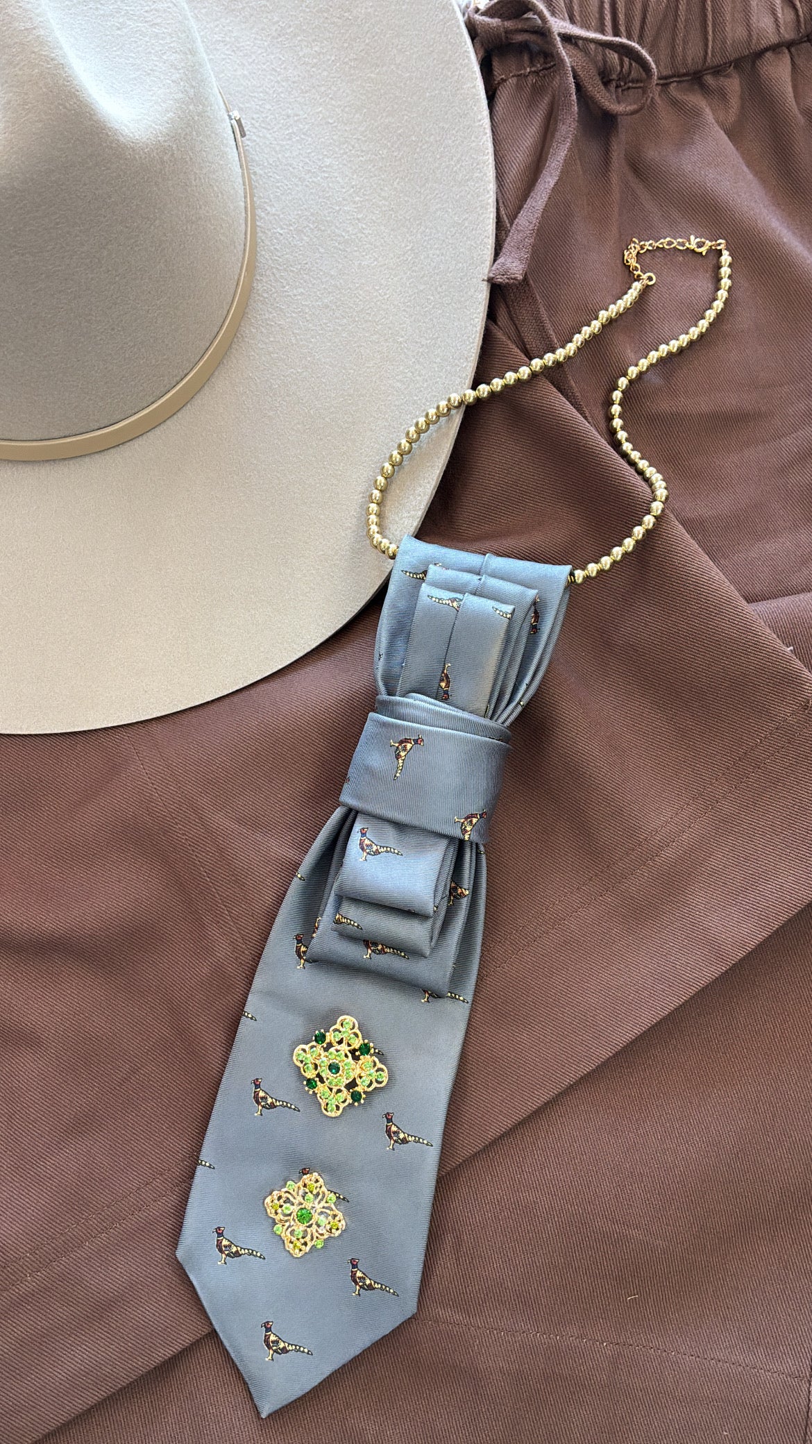 Tie-Necklace | Grey Bird Print