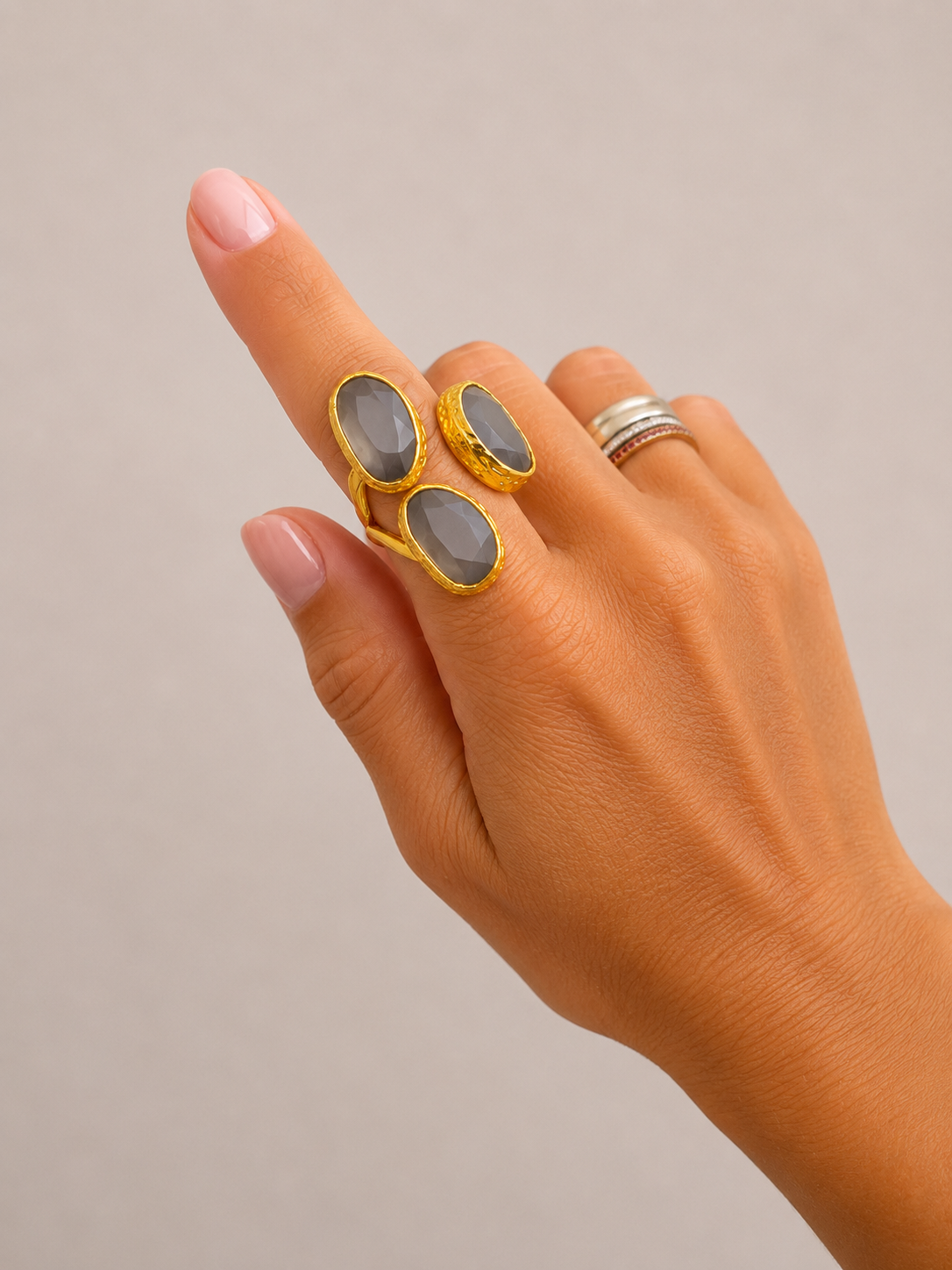 Adjustable Triple Cat Eye Gold Ring (Smoky Gray)