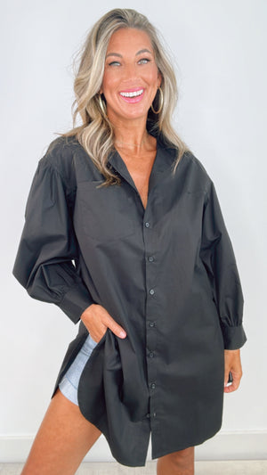 Black Balloon Sleeve Button Down Tunic