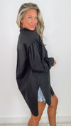 Black Balloon Sleeve Button Down Tunic