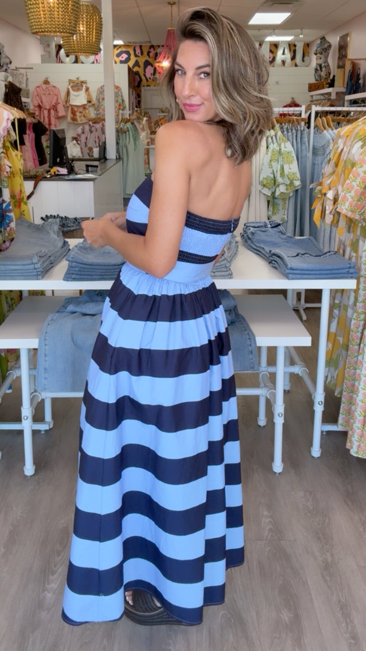 Navy Stripe Strapless Dress w/ Belt