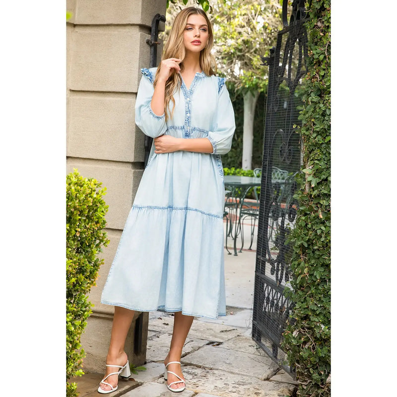 THML Denim Tiered Midi Dress