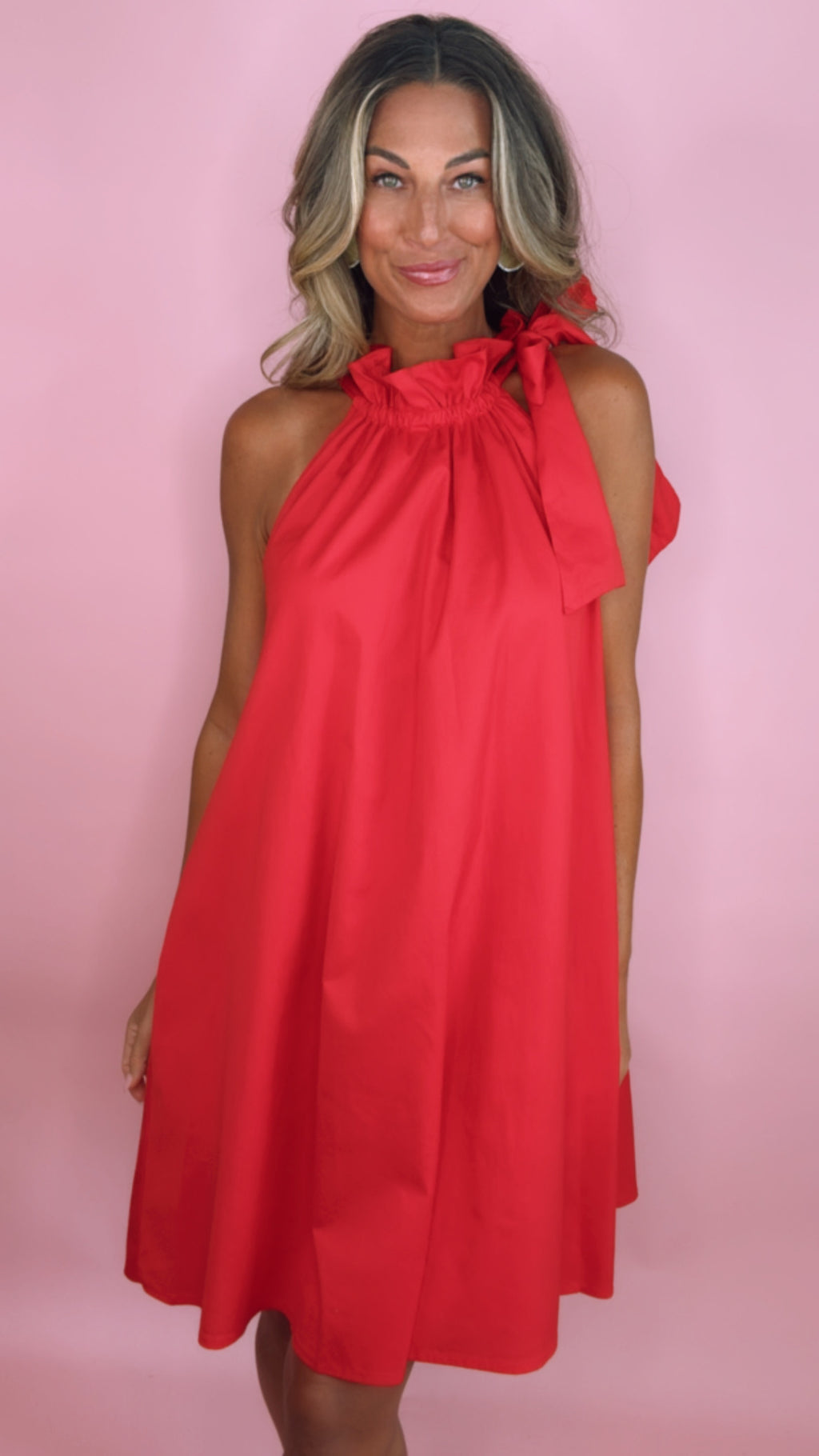 Red Tie Neck Ruffle Sleeveless Dress
