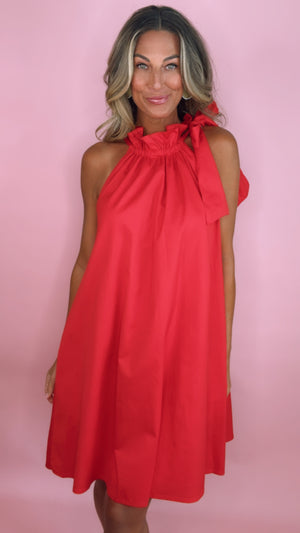 Red Tie Neck Ruffle Sleeveless Dress