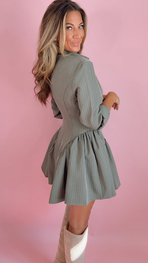 Cement Grey Striped Shirt Dress w/ Waist Details