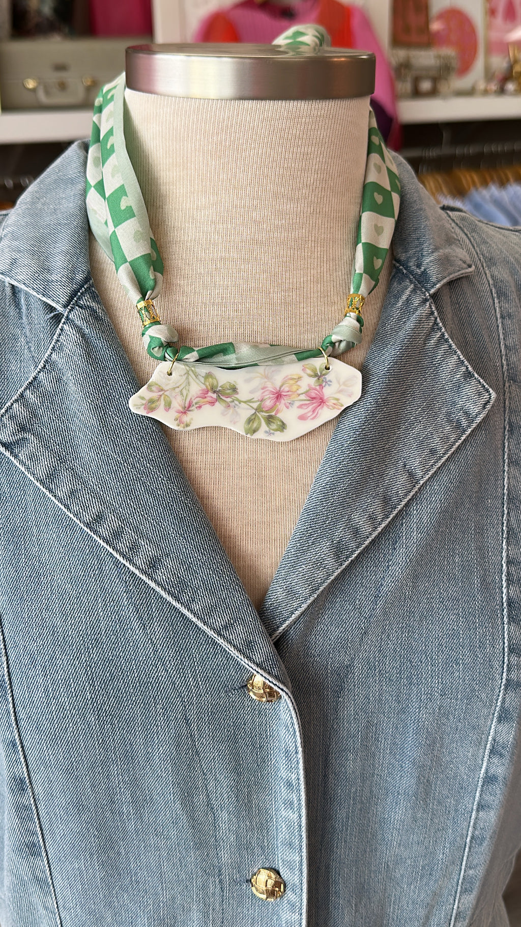 Vintage China Scarf Necklace (Green Heart)