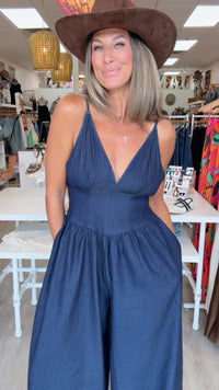 Klesis | Denim Plunge COrset Balloon Jumpsuit