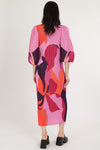 Abstract Print Pleat Puff Sleeve Midi Dress (OSF)