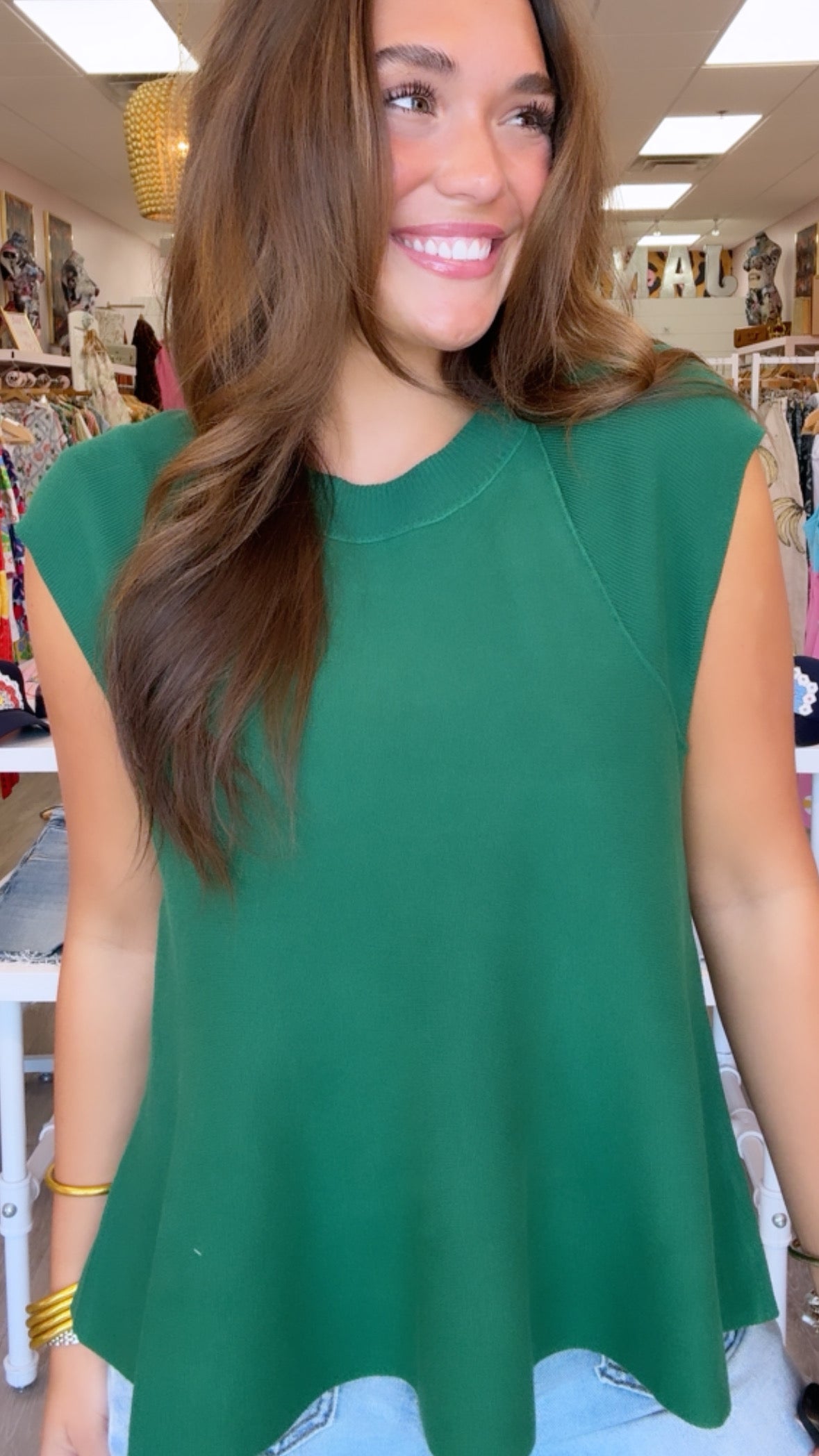 Hunter Green Knit Cap Sleeve Top