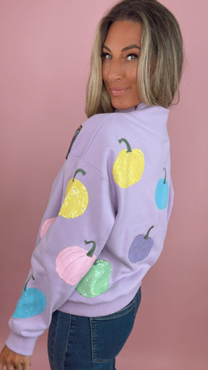 Queen of Sparkles Lavender Multi Pumpkin Mock Neck Sweatshirt