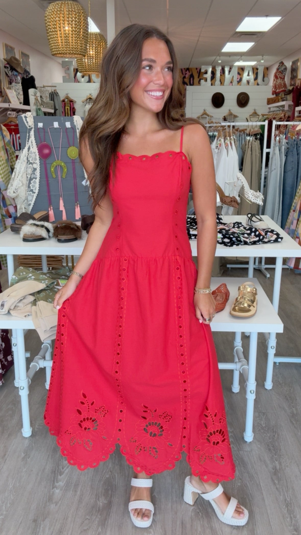 Moon River | Red Eyelet Scalloped Midi Dress