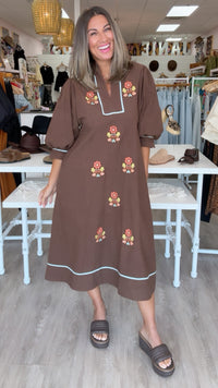 Ivy Jane | Brown Embroidered Midi Dress
