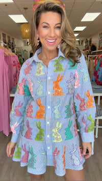 Queen of Sparkles Blue/White Striped Easter Bunny Button-Up Cotton Dress