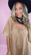 Mocha Suede Puff Sleeve Relaxed Fit Babydoll Romper