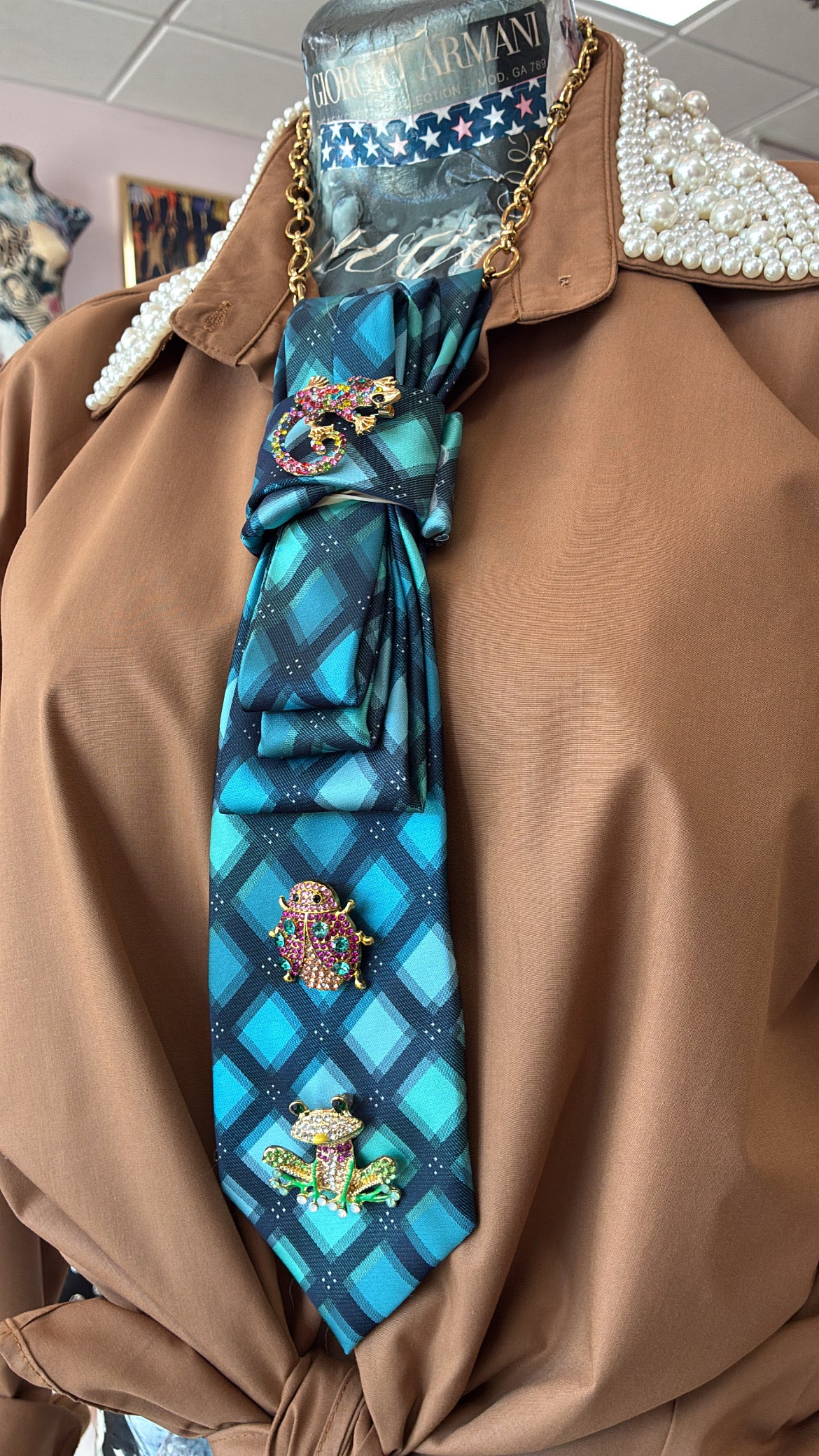 Tie Necklace | Blue/Green Square Tie + Critter Brooches