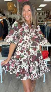 Burgundy/Pink Floral Buttondown Ruffle Mini Dress