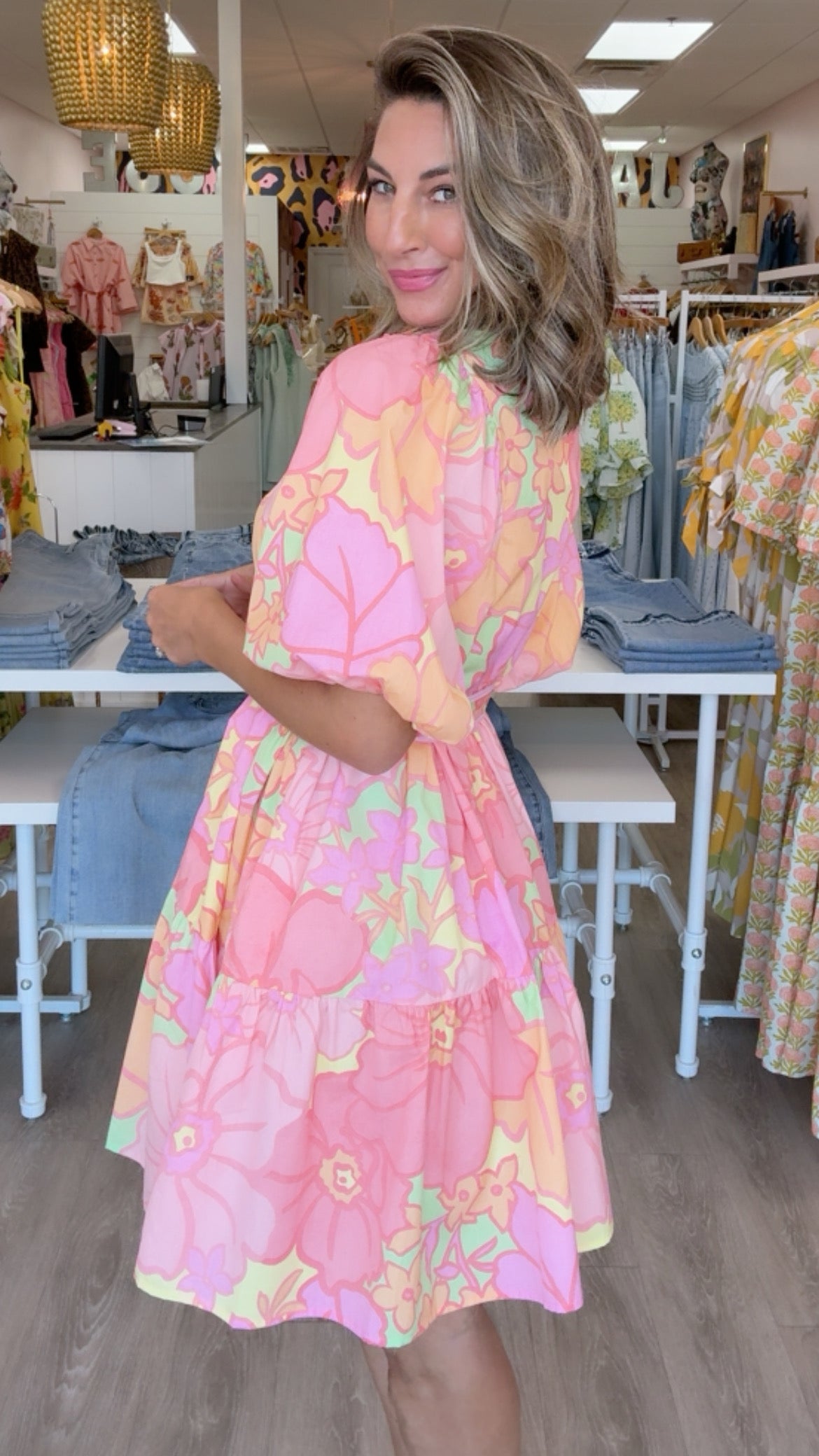 Karlie | Lime Big Floral Pastel Dress w/ Belt