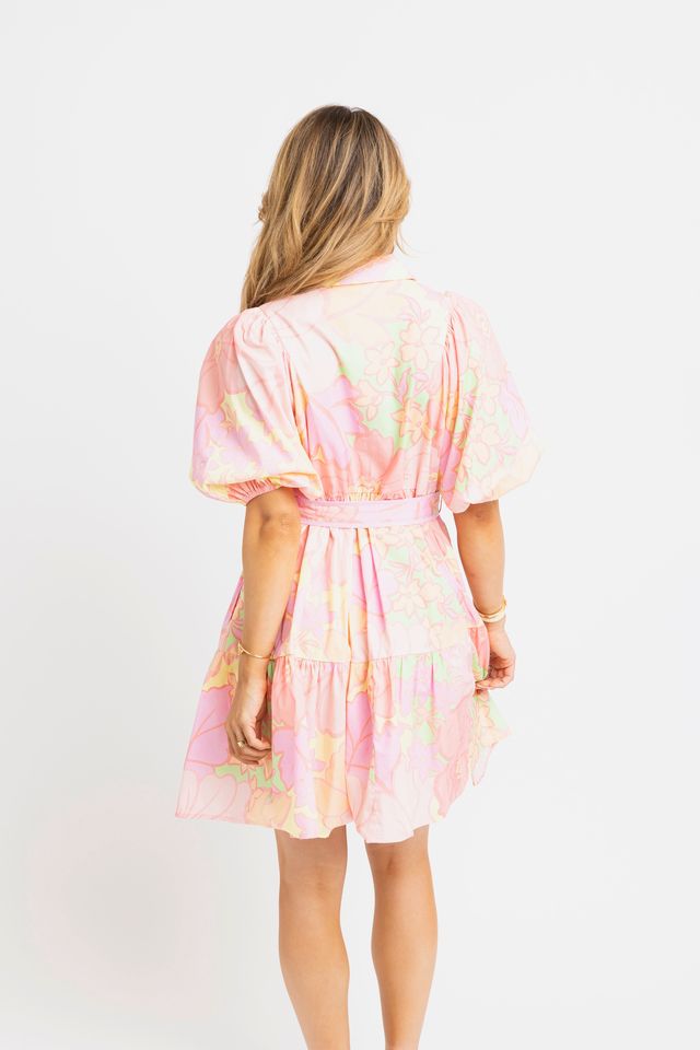 Karlie | Lime Big Floral Pastel Dress w/ Belt