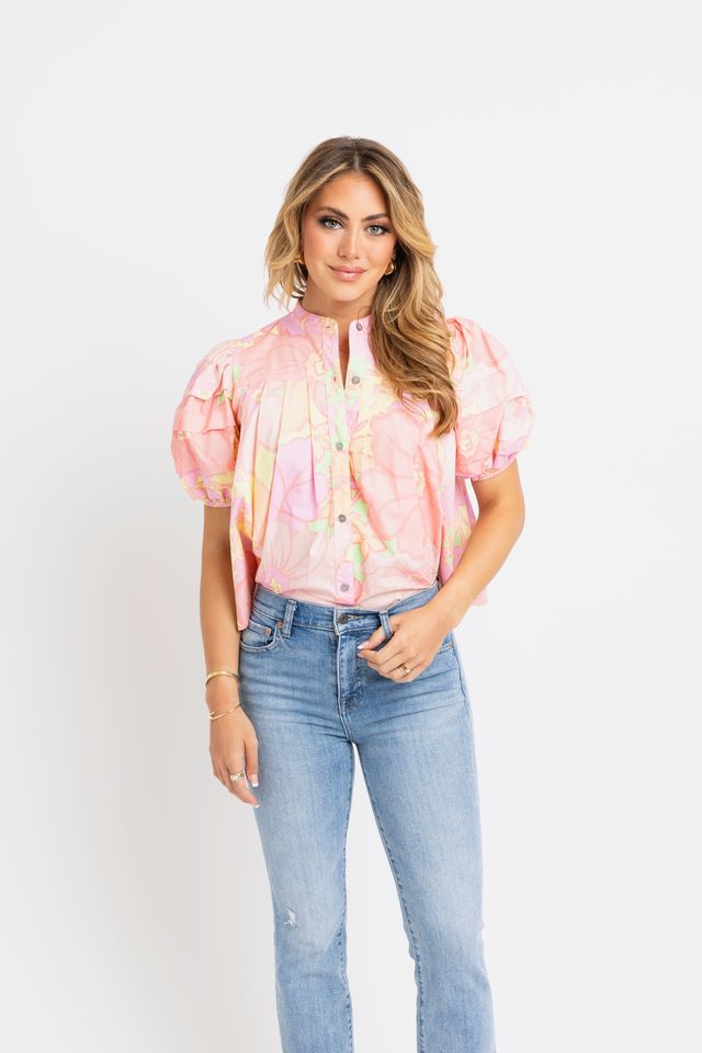 Karlie | Big Floral Pastel Pleat Slv Top (1 LARGE)