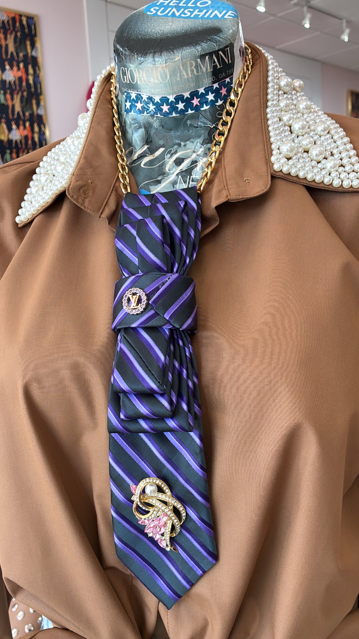 Tie Necklace | Thin Purple Stripe Tie + LV Brooch