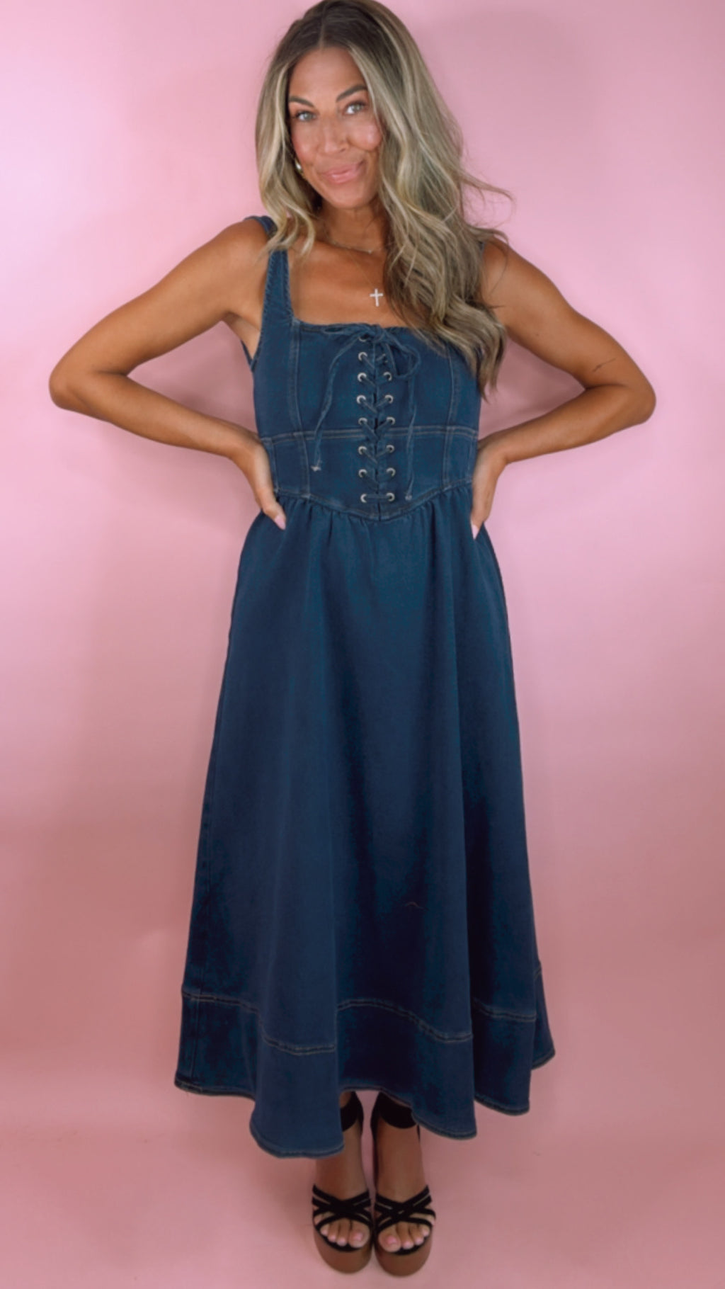 Moon River Denim Lace Up Front Sleeveless Midi Dress